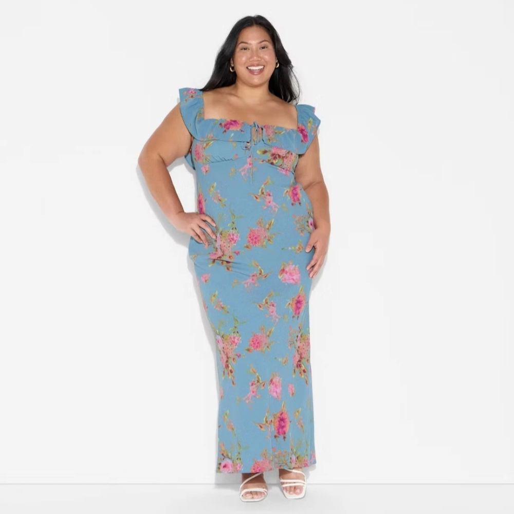NWT Blue Floral Empire Waist Flounce Sleeve Maxi Dress Size 4X - Picture 3 of 6